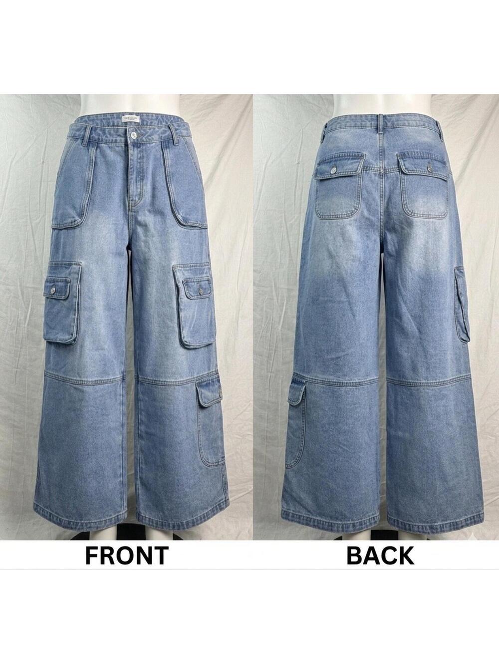 Forever 21+ Women’s Wide Leg Cargo Jeans Light Wash Denim 43-17